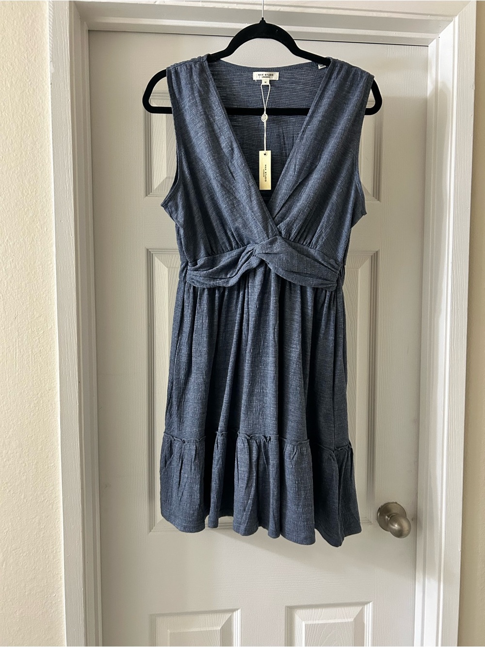Max Studio Denim-Effect Twist-Front Sleeveless Midi Dress